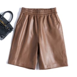 Capable Fashionable Stylish 100% Leather Five-Point Pants For Women Femme Elastic Waist Wide Leg Bermuda Shorts With Pocket