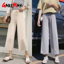 Slacks Women's Loose Summer Pants Soft Ice Silk Ankle-Length Black Wide Leg Pants Grey Khaki Women High Waisted Trousers