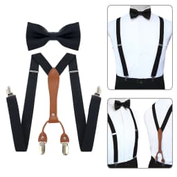 Adjustable Elasticated Y Shape Men Suspenders Bowtie Set Black Elastic Clip-on Braces Belt with Leather Suit Business Wedding