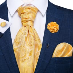 Classic Wedding Ascot Tie For Men Yellow Gold Red Paisley Floral Scarf Neck Tie Brooch Pin Set Cravat Ascot Tie For Banquet