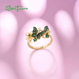 SANTUZZA Silver Ring For Women 925 Sterling Silver Butterfly Gold Color Shiny Green Spinel Elegant Trendy Party Fine Jewelry