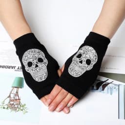Women's Winter Warm Touch Screen Mitts Black Knit Half Finger Driving Gloves Punk Skull Rhinestone Short Hip-hop Gloves H82