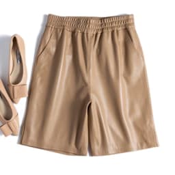 Capable Fashionable Stylish 100% Leather Five-Point Pants For Women Femme Elastic Waist Wide Leg Bermuda Shorts With Pocket