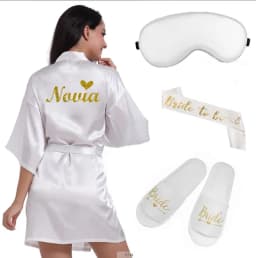 4pc set of glitter gold bride satin short bride robe slippers bridal sash peignoir women Bridal Party 2019 kimono robe