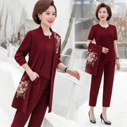 Womens 2022 Spring Autumn Elegant Three Piece Sets Floral Printed Long Coat + Short Top And Loose Pants Suits 4XL 2344