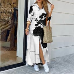 3D Cross-Border Women's Long Dresse Lapel Shirt World Map Pattern Printing Fashion Plus Size Maxi Dress Vestidos Womens Clothing