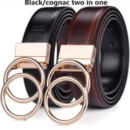 Women Reversible Leather Belt 2 in 1 Rotated 2 Rings Gold Buckle 3.4cm Wide Suitable for Pairing with Various Pants