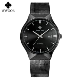 WWOOR Silver Men Watches with Mesh Steel Top Brand Luxury Ultra Thin Quartz Waterproof Date Business Wristwatch Box Montre Homme