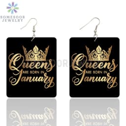 SOMESOOR Black Queen Are Born In 12 Months Wooden Drop Earrings Golden Crown Printed African Dangle For Women Birthday Gifts