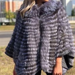 Women's Real Silver Fox Fur Cape Shawl Coat Furry Luxurious Fluffy with Fur Collar Wool Lining Cuffs Stole Crop Jacket 210727