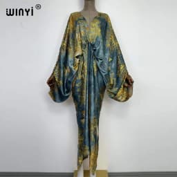 Sexy Beach High-Quality Hand-Rolled Feel Silk Rayon Fashion Print 2021 WINYI Maxi Women's Robes Long Beach V-Neck Bohemian Dress