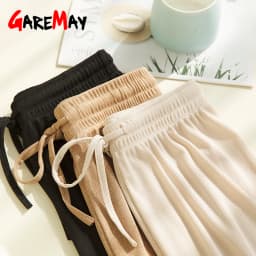 Slacks Women's Loose Summer Pants Soft Ice Silk Ankle-Length Black Wide Leg Pants Grey Khaki Women High Waisted Trousers