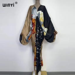 Sexy Beach High-Quality Hand-Rolled Feel Silk Rayon Fashion Print 2021 WINYI Maxi Women's Robes Long Beach V-Neck Bohemian Dress