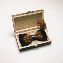 EASTEPIC Handmade Feather Bow Tie Brooch Wooden Box Set Men's Exquisite Accessories for Wedding Party Birthday Gift Necktie