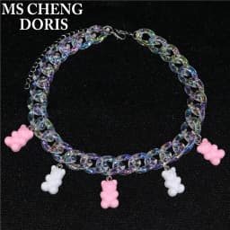Handmade 7 Colors Cute Cartoon Bear Acrylic Chain Necklaces Candy Color Pendant For Women&Girl Daily Jewelry Party Gifts