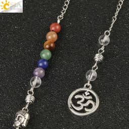 CSJA Natural Stone Cone Pendulums Crystal 3D Buddha 7 Chakras Chain Reiki Pendulum for Dowsing Pendule Radiestesia Pendulo G251