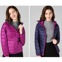 Women Ultra Light 90% Duck Down Jacket Hooded Jackets Long Sleeve Double Side Wear Reversible Lightweight Warm Coats
