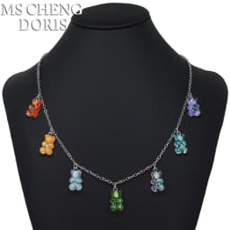 Handmade 7 Colors Cute Cartoon Bear Acrylic Chain Necklaces Candy Color Pendant For Women&Girl Daily Jewelry Party Gifts