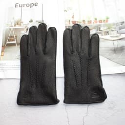 New Deerskin Gloves Men's Leather Outer Stitched Striped Retro Motorcycle Riding Driving Autumn and Winter Wool Knitted Lining