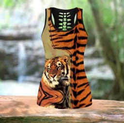 Powerful Tiger 3D All Over Printed Hollow Tank Top & Leggings Set Fitness Female Full Length Leggings Running Pants DDK57
