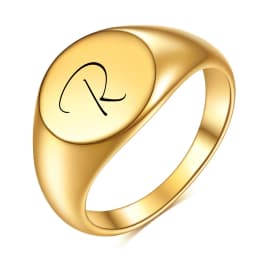 Customized Women Initial Letter Stamp Signet Ring Chunky Round Top Stainless Steel Bague Fashion Jewelry Wholesale