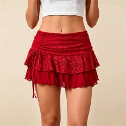 Women Floral Lace Ruffle Mini Skirt Side Drawstring Ruched High Waist Tiered Mesh Skirt Solid Color Y2K Casual Streetwear