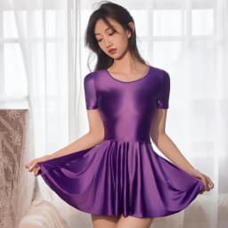 Sexy OIl Glossy Shiny Elastic Pleated Micro MINI Dress Satin Smooth Tights Ruffled Dress Uniform Maid Stage Wear Candy Color