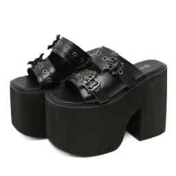 Gdgydh Goth Bat Buckle Decor Platform Sandals for Women Fashion Open Toe Summer Shoes Slip On Heeled Sandals Slingback Outdoor