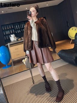 Lautaro Autumn Winter Brown Thick Warm Soft Faux Mink Fur Coat Women Lantern Sleeves Elegant Luxury Chic Fluffy Jacket 2026