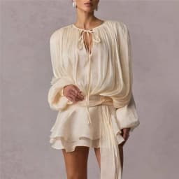 Gaono Women's Elegant Solid Mini Dresses A-line Bubble Lace Up Party Short Vestido Flared Sleeve Fashion Lady Night Summer Gown