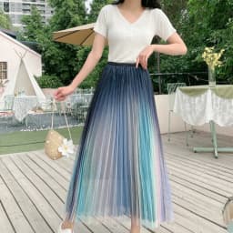Fashion Gradient Two Layers Gauze High Waisted Mesh Skirt Women Slim Casual Pleated Design Sagging Sensation Lady Pleated Skirt