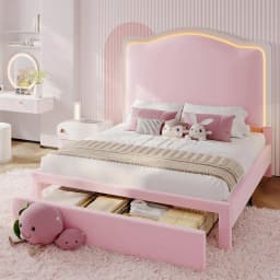 Twin Upholstered Platform Bed with Storage Drawers 51" Adjustable Velvet Headboard RGB LED Lights No Box Spring Girls Room Cream