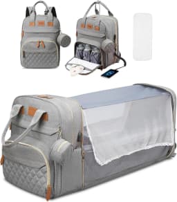 Foldable 3-in-1 Diaper Bag Backpack with USB Charge Waterproof Travel Bag Baby Bed And Changing Mat Included