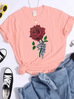 Skull And Bones The Lovers Red Rose Female Tshirts Street Hip Hop T-Shirts Cool Casual Tee Clothes Breathable Sweat Tshirt Women