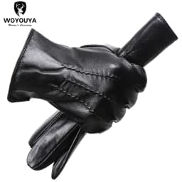 Comfortable Keep Warm Gloves Male Winter, Water Ripple Design Sheepskin Men's Gloves, Black Men's Leather Gloves-8001Y