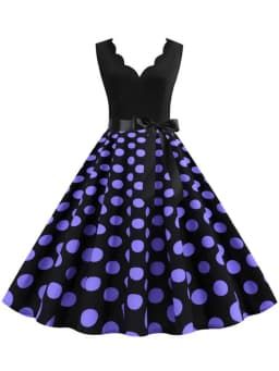 Polka Dot Print Women Summer Dress Black Patchwork Sleeveless V Neck Elegant Vintage Party Casual Midi Dress