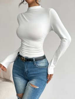 Half high collar pleated waist slimming long sleeved base shirt for women's spring and autumn slimming versatile top