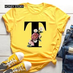 Large Size Yellow T-shirt for Men And Women with Black Fashion Trend Print of Flowers 26 English Letters Casual Short Sleeve Top