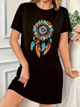 Ladies' Spring and Summer Casual Loose Plus Size Bee Bow Pattern Printed Round Neck Short Sleeved T-Shirt Dress