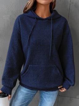 Women's Thick Waffle Knit Crew Neck Sweatshirt with Pocket – Solid Color Hip Length Winter Hoodie for Women's Winter Clothing