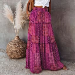 Combhasaki Women's Summer Bohemian Y2K Retro Drawstring Elastic High Waist Casual Loose A-Line Swing Long Skirt with Pockets
