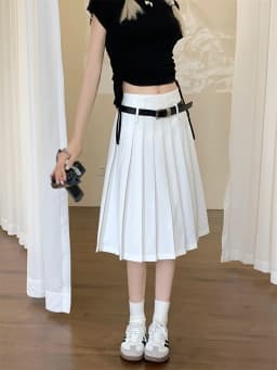 White A-Line Midi Skirt High Waist Pleated Versatile Summer New Style Slimming Half Body Skirt for Trendy Girls