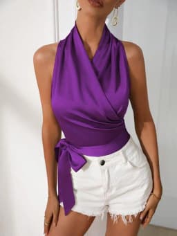 Women's Satin Sleeveless Halter Neck Tie Front Wrap Side Solid Color Slim Fit Blouse Tank Top for Women Clothing Female Fashion