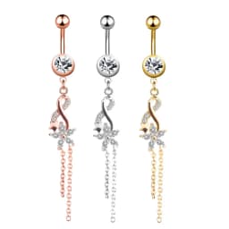 Butterfly-bow Dangled Navel Ring Piercing 14G Flower Heart Crystal CZs Belly Button Ring for Women Stainless Steel Belly Jewelry