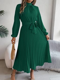 Solid Stand up Collar Bridesmaid Dress Spring Summer Casual Elegant Long Sleeve Waist Cinched Pleated Long Dresses for Women