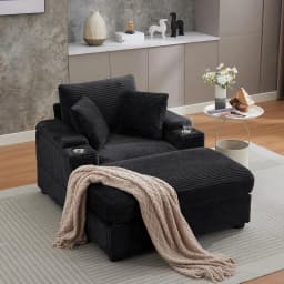 86.61'' Oversized Double Chaise Lounge with Ottomans, Comfy Corduroy Indoor Lounge Chair with Armrest Storage, Cup Holder, USB P