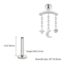 Right Grand ASTM F136 Titanium Hidden Helix Chain Earring 16G Dainty Star Moon CZ Dangle Cartilage Stud Piercing Jewelry