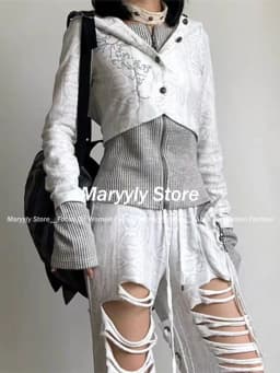 2024 Autumn Punk Vintage Patchwork Hoodie Sweaters Y2k Slim Fit Long Sleeve Knitted Tops Mujer New Cardigan Coat Sweatshirts