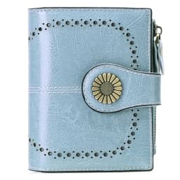 New Women RFID Blocking Genuine Leather Wallet Vintage Sunflower Buckle Short Purse 16 Card Slots ID Window Zipper Female Wallet