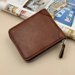 Men's Large Capacity Leather Wallet with Zipper Multi-Card Holder Coin Cash Purse Featuring ID Window